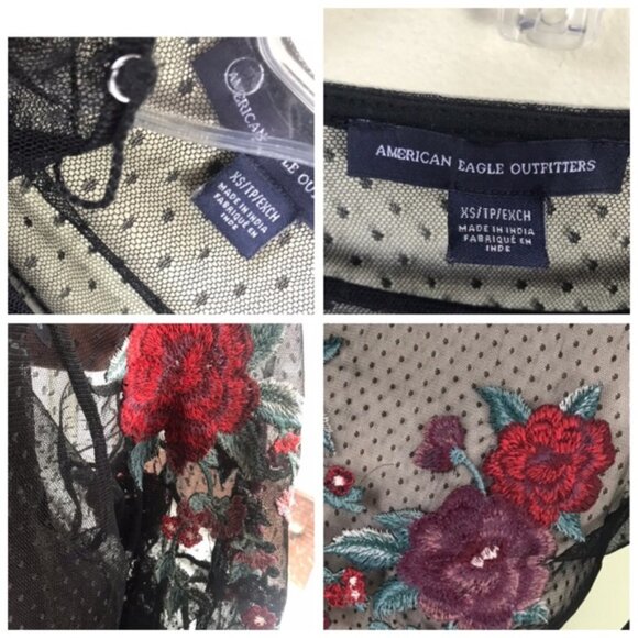 American Eagle AEO Sheer Mesh Flowers Embroidery Rose Stretch Top Shirt Y2K Boho - Picture 15 of 16